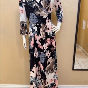 Floral Wrap Maxi Dress in Black and Pink